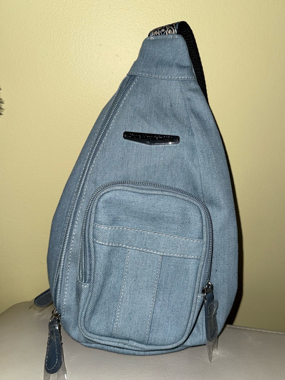 Stone Mountain Accessories Sky Blue Sling Bag with Embroidered Black Strap
